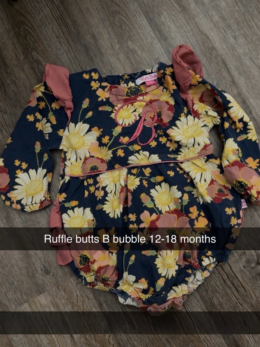 Ruffle Butts Navy Floral Bubble Romper - with “B”